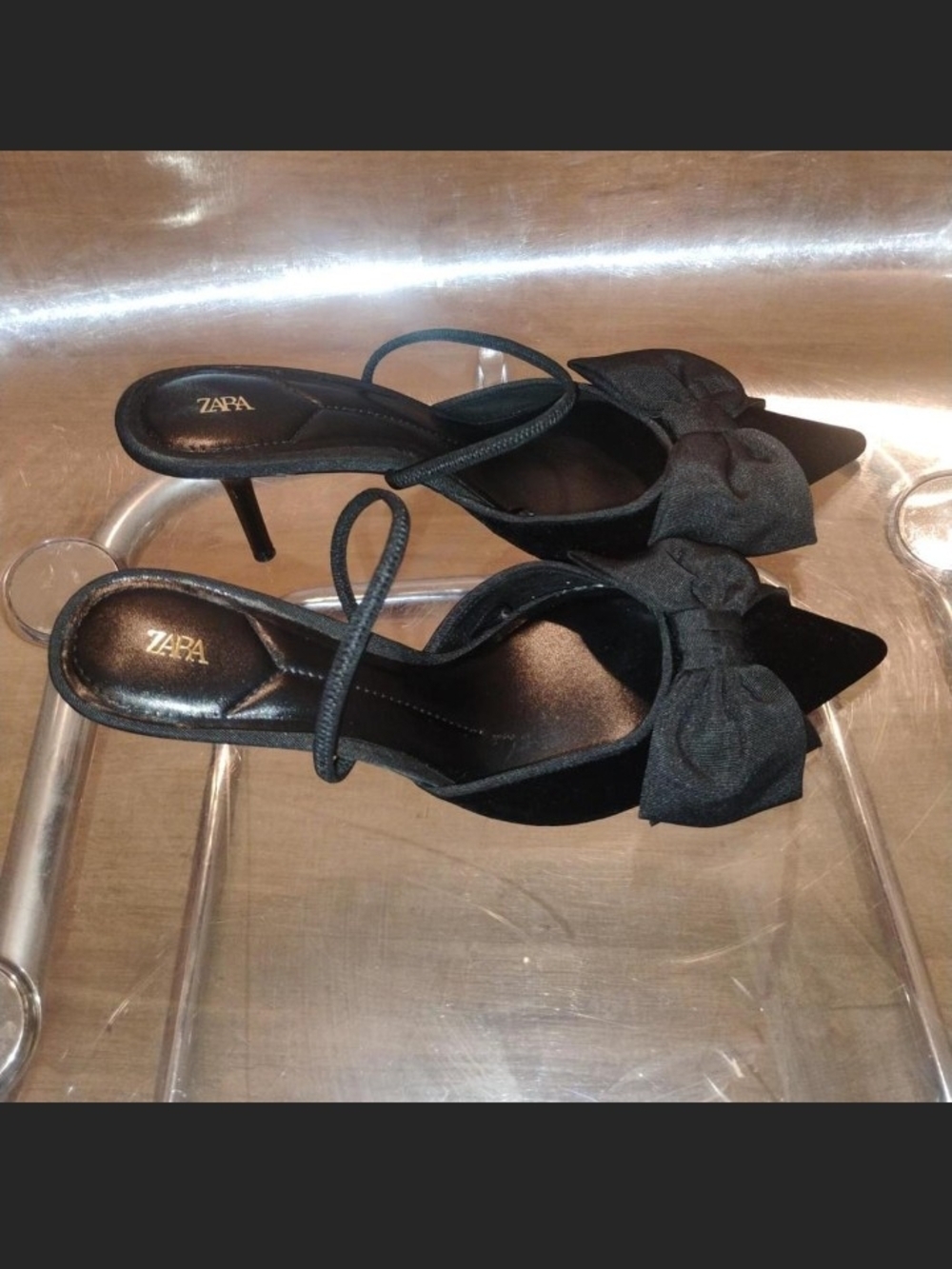 Zara Black Pointed-Toe Bow Slingback Mules NWOT - Picture 2 of 5